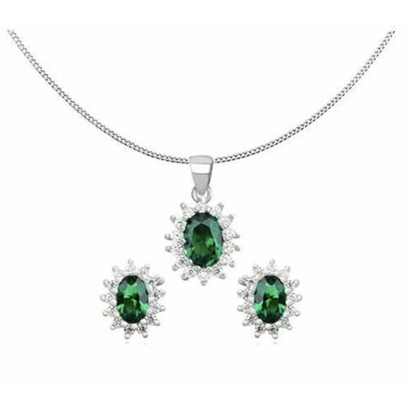 Sterling Silver Emerald Green Cluster Necklace & Earring Set - Picture 1 of 3